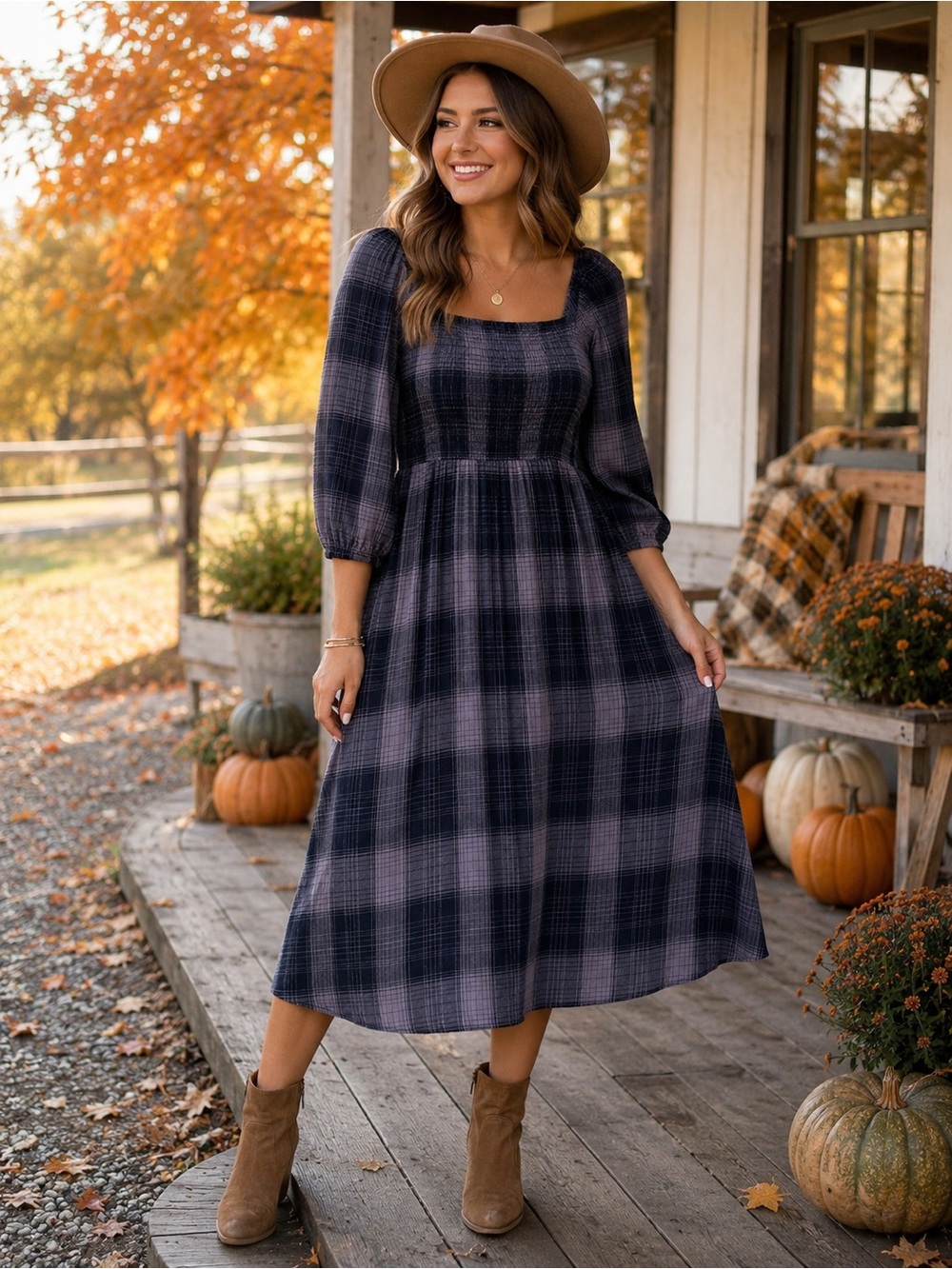 Threads 4 Thought Women’s Plaid Smocked Midi Dress – Size XL – Navy Gray